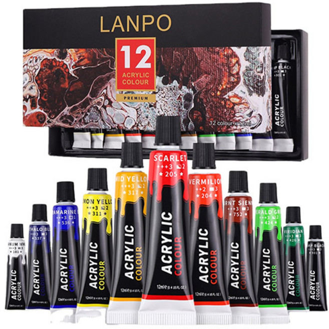 LANPO 프리미엄 아크릴물감, 12색, 12ml