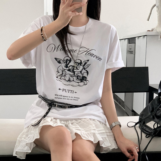 티데일리 남녀공용 푸티 프린팅 오버핏 20수 라운드 반팔 티셔츠