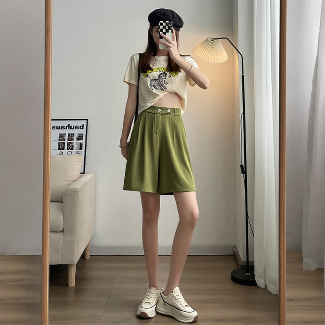 【顯瘦A字】西裝短褲 五分褲 中褲 高腰短褲 休閒褲 通勤褲 薄款寬鬆 雙扣設計 夏季百搭 通勤休閒兩穿