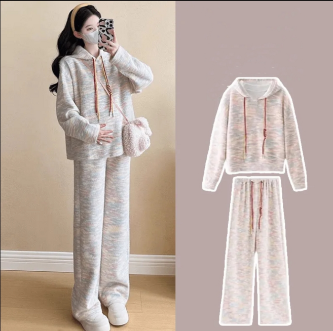 LOKEXING 여성 가을겨울 상하의세 무지개 루즈핏 투피스 맨투맨 허리밴딩 와이드팬츠 세트 맨투맨세트