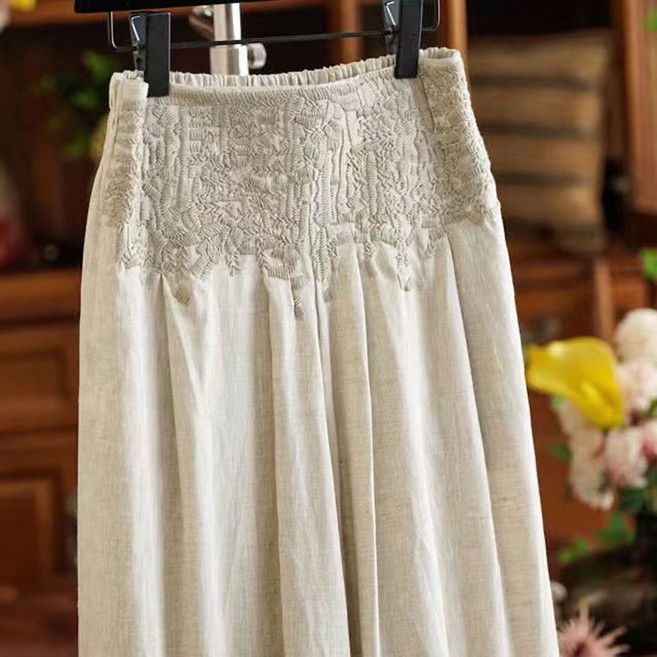 중년 여성 와이드 팬츠 봄 여름 캐주얼 하이웨이스트 얇은 일자 치마 바지 루즈핏 린넨 와이드 팬츠 JZZN