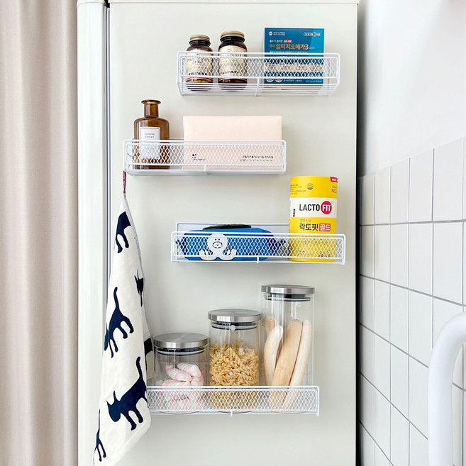 데이킨 무타공 마그네틱 강력 자석 냉장고선반 현관문 세탁기 선반 세트, 화이트, 4개