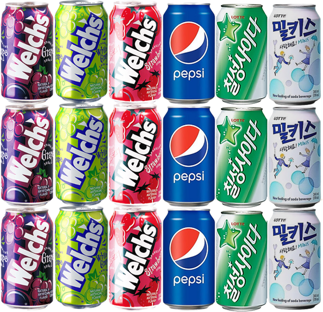 웰치스 그레이프맛 + 웰치스 화이트그레이프맛 + 웰치스 스트로베리맛 + 펩시콜라 + 칠성사이다 + 밀키스, 18개, 355ml