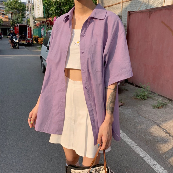 女款純色短袖襯衫 復古港風鹽系設計 百搭寬鬆上衣 杏色均碼