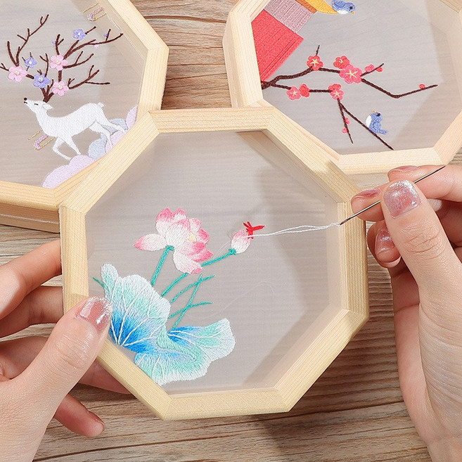 蘇繡刺繡diy手工自繡團扇材料包繡品初學者擺件戳戳繡繡花自己繡, 好雲連連材料包 繡繃 框, 1個