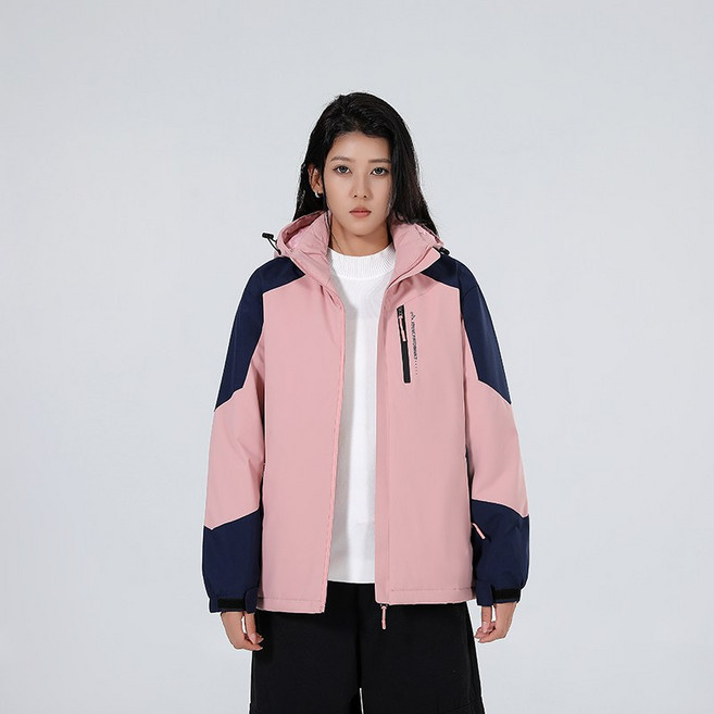 石墨烯情侶款 戶外沖鋒登山可卸帽工裝拉鏈短款棉襖外套, 女款粉色