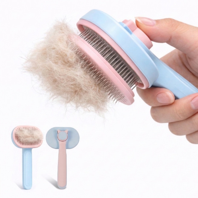 뭉클톡톡 반려동물 원터치 브러쉬 강아지 고양이 저자극 빗, 1개, 핑크+블루