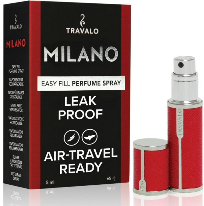 트라발로 밀라노 향수 아토마이저 - 누수 방지 및 항공 여행용 TSA 승인 재사용 가능 밀폐 이지 필 미니 펌프 스프레이어 광택 금속 외피가 있는 경량 비건 가죽 빨간색