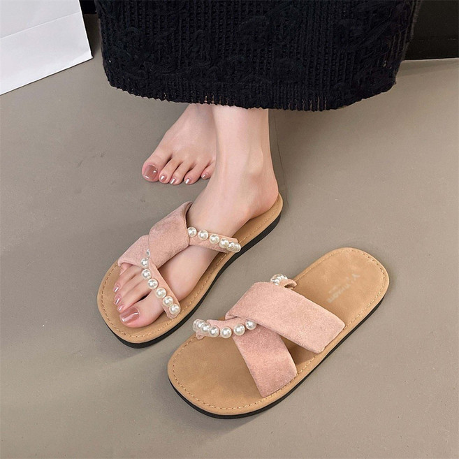 besteffie 여성 여름 슬리퍼 진주 장식 스트랩 디자인 캐주얼 실내외용 K75