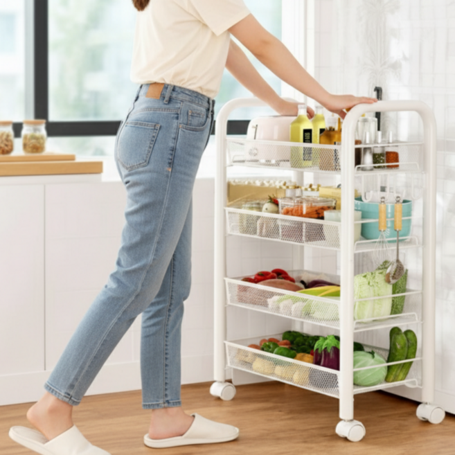 Plitol 메탈 트롤리 선반, 화이트, 4단