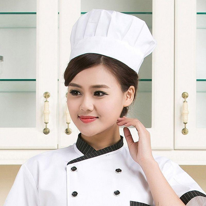 廚師帽酒店廚房廚師工作帽子滌棉白布帽蘑菇帽子男女通用 副廠商品, 1個, 白色, 可調節