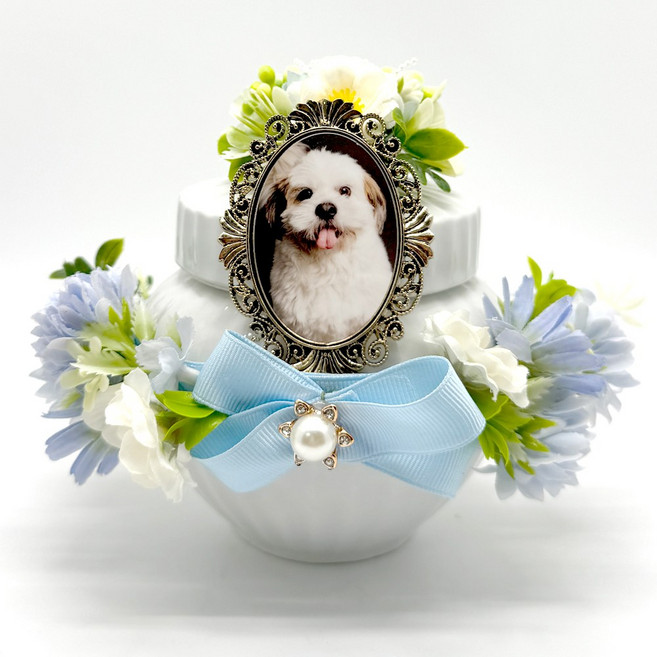 반려동물 강아지 유골함 보관 고양이 메모리얼 스톤 추모함, [액자] + [유골함] + [하늘색리스], 1세트