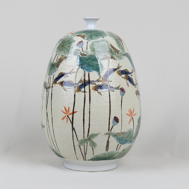 점묘 백자 연화 어문 긴 행고 26cm X 37cm 고급 작품 도자기
