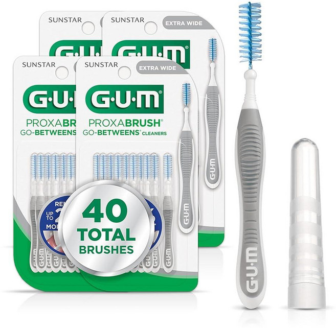 GUM Proxabrush Go-Betweens 엑스트라 와이드 치간 브러시 - 플라크 제거 건강 및 교정기 관리를 위한 부드러운 칫솔모 덴탈 피크 10개 (4팩), GUM Proxabrush Go-Betweens 엑스트