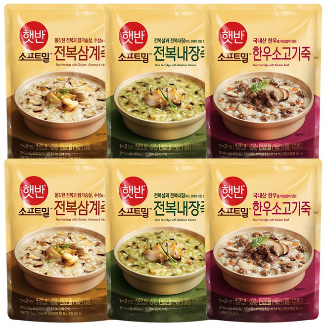 비비고 전복삼계죽 2개+전복내장죽 2개+한우소고기죽 2개, 1개, 420g