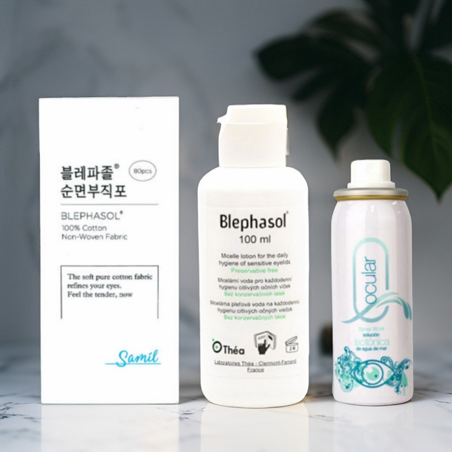 [블레파졸 아이리무버 100ml + 순면 부직포 80매 + 르네퀸톤 오큘라 스프레이 30ml] 스킨케어 세트
