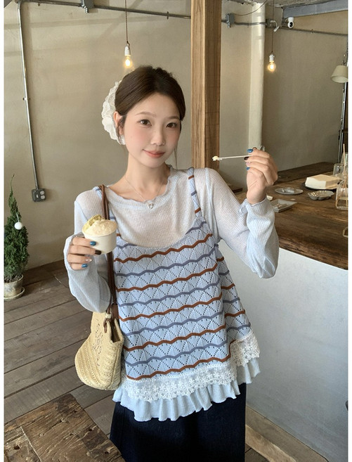 Yumico 여름 여성 레이어드 니트 조끼 시스루 티셔츠 투피스 루즈핏 보헤미안 자외선차단 니트티 베스트 체형커버 데일리룩 바캉스룩