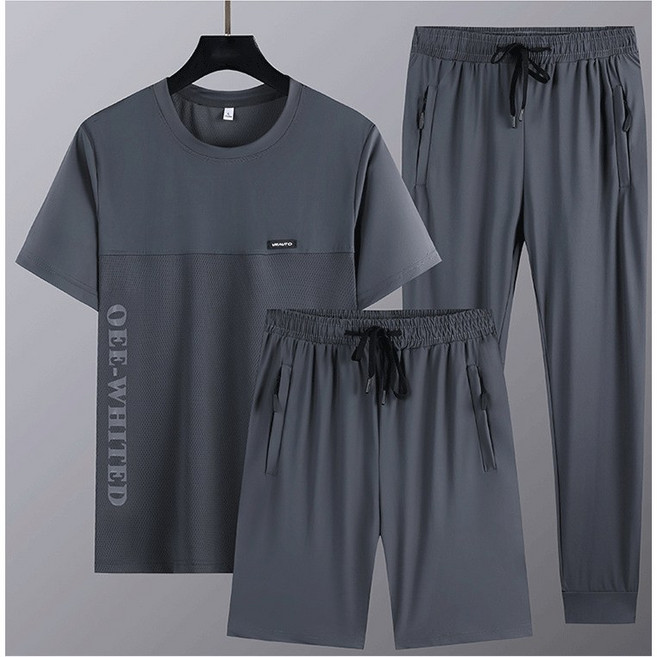 ANYOU 남성 여름 속건 반팔 트레이닝 세트 캐주얼 바지 와이드 티 3종 세트