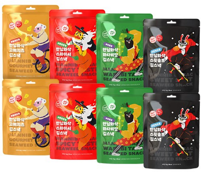 한닙두잇 한닙와삭 김스낵/김과자 4종 [스윗솔트/와사비맛 스파이시/고메치즈], 70g, 2세트