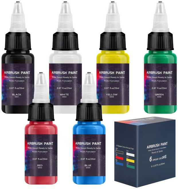 에어브러쉬 물감 컬러 6종 20ml 세트 워터 베이스 컬러 일반색, 6개, 블랙, 화이트, 옐로우, 그린, 레드, 블루
