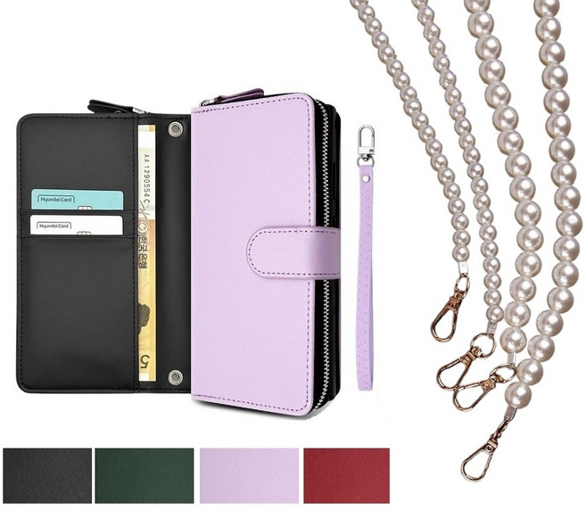 아이폰14 케이스 가죽 (블락샤핀) (지퍼) 롱앤숏 + (손목 스트랩 줄 + 진주롱 목걸이) 카드 지폐 수납 지갑