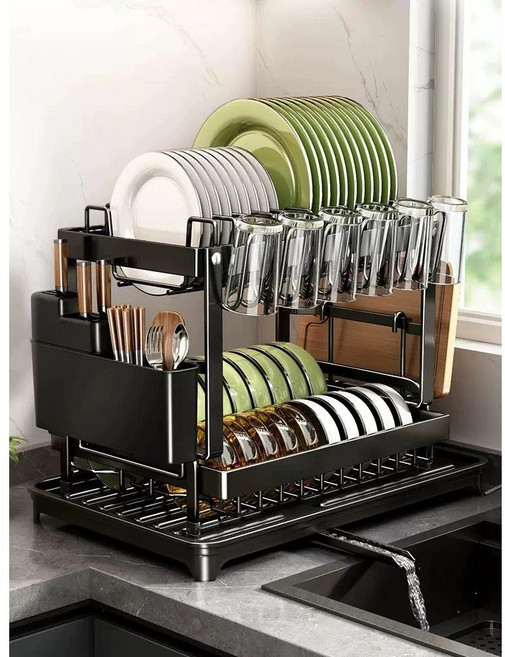 식기건조대 초슬림형 미니 그릇 건조대 선반 라라밤 블랙 나무손잡이 단층 A, 블랙 그릇접시선반+컵선반