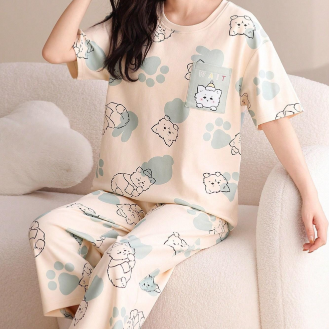 여성 라운드넥 곰돌이 체크 반팔 칠부바지 홈웨어 잠옷 세트