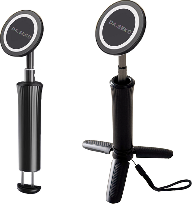다세코 맥세이프 핸드폰 거치대 360도 회전 셀카봉 스마트폰 미니 삼각대 세트, 1개, 블랙, 오시