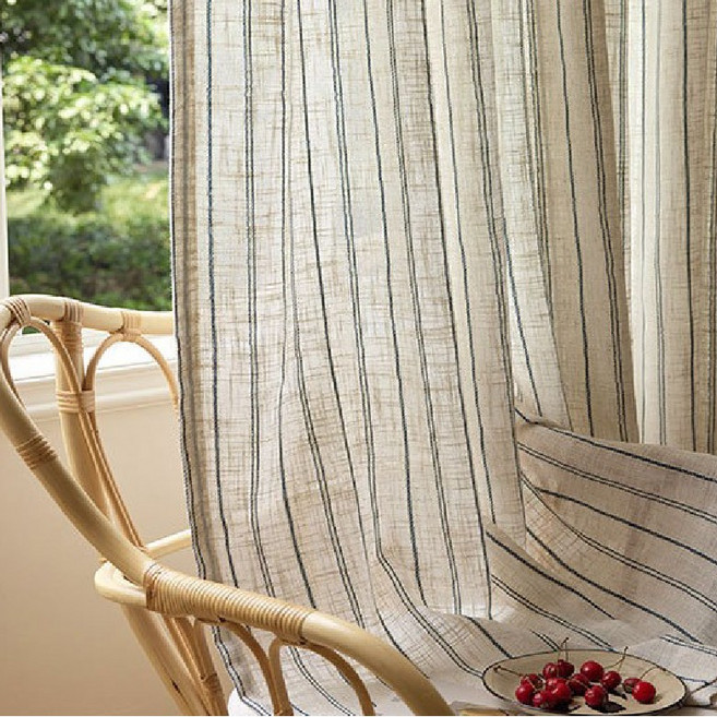 내추럴 블루 스트라이프 광목 가림막커튼