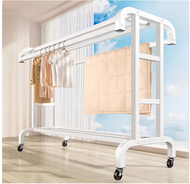 BILIMO 이동식 스탠드 조립식 행거 튼튼한 2단 철제 바퀴 달린 옷걸이 행거, 화아트