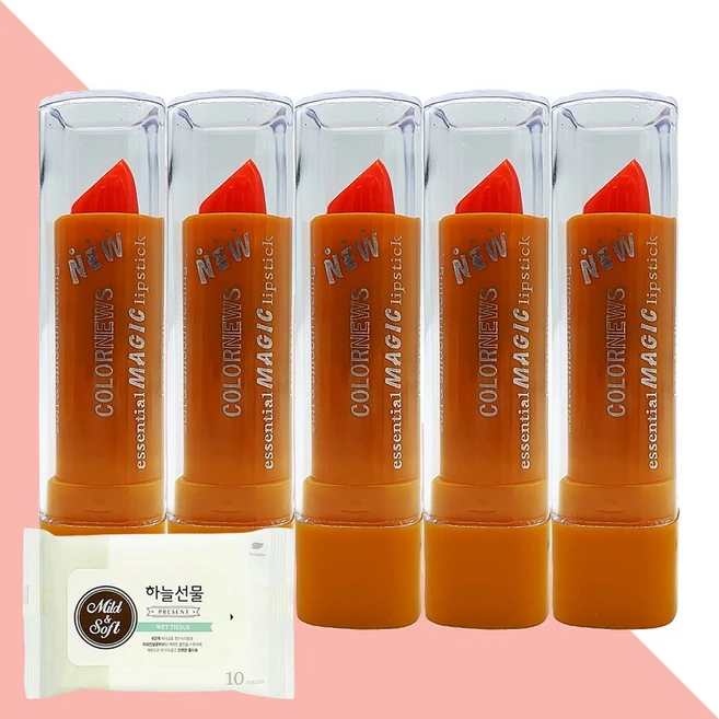 칼라뉴스 에센셜 매직 립스틱 803 오렌지 5개(+하늘선물 물티슈 10매), 3g - 쿠팡