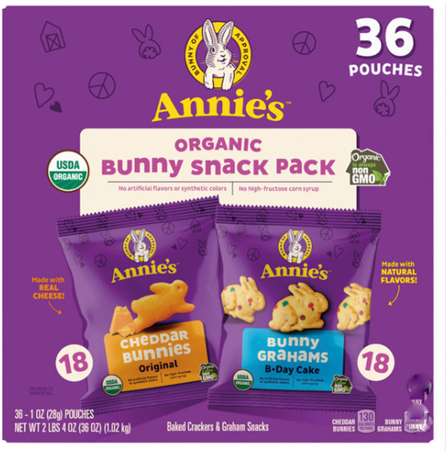 Annie's Homegrown Organic Snack Variety Pack Che Annie's Homegrown Organic 스낵 버라이어티 팩 체다치즈 토끼와 버, 36개, 1.02kg