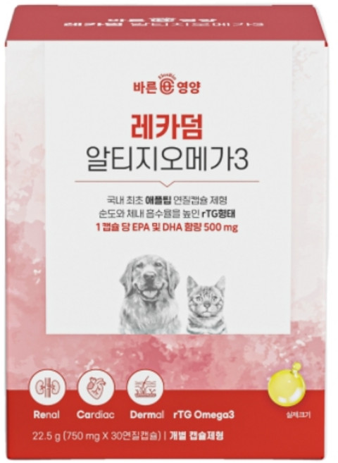 레카덤 알티지 오메가3 강아지 고양이 심장 신장 피부 눈 관절 영양제 애견 캡슐, 30정, 1개