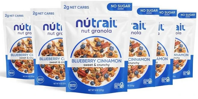 NuTrail Nut Granola 블루베리 시나몬 무설탕 함유 글루텐 프리 그레인 케토 저탄수화물 한 아침 시리얼 226.8g 8온스 191892, 227g, 6개 - 쿠팡