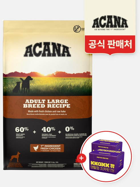 아카나 어덜트 라지브리드 독 11.4kg+깎 치카핏 덴탈껌 30개입X2개, 1개, 11.4kg, 닭