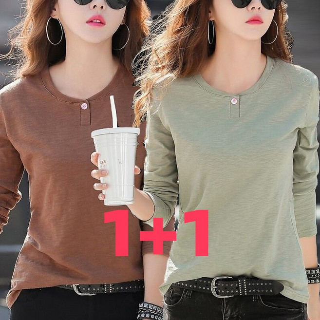 1+1 초특가 봄가을 여성 심플 라운드 긴팔 티셔츠 얇은 솔리드 코디 티셔츠 빅사이즈 중년 여성 의류