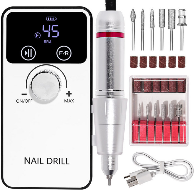 45000RPM 전문 네일 드릴 머신 매니큐어 젤 샌더 저소음 용 충전식 전기 손톱 파일, [02] 하얀색