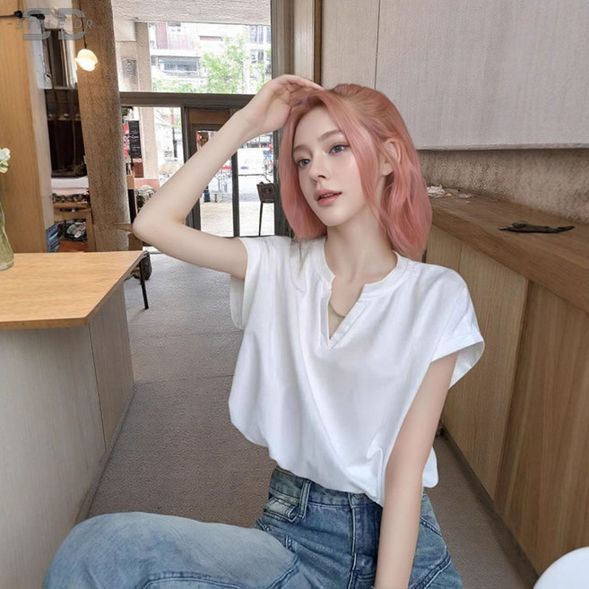 스타일닥터 여름 여성 순면 브이넥 반팔 티셔츠 디자인 감각의 루즈핏 숏기장 상의