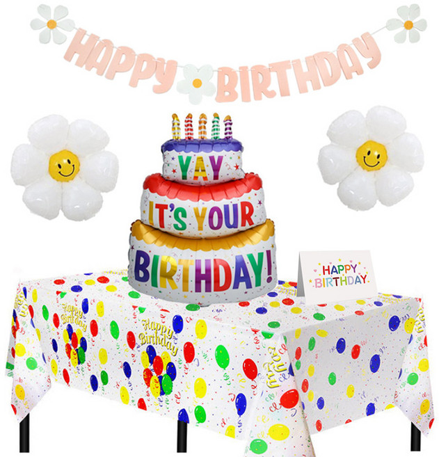 GAM 3단케익풍선+파티풍선 무늬 식탁보+데이지풍선 2P+생일카드+데이지 레터링 가랜드, B세트-핑크데이지 가랜드