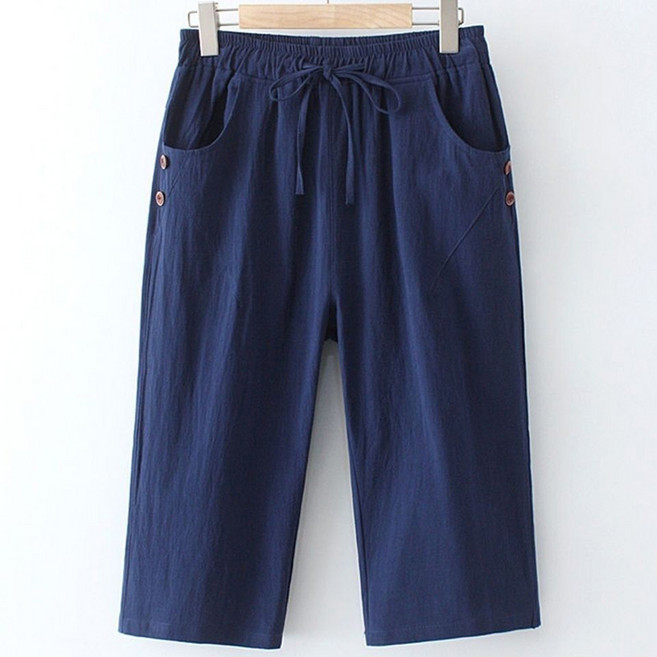 메인워크 중년 여성 빅사이즈 7부 바지 여름용 냉장고 엄마룩 순면 와이드 허리밴딩 캐주얼 기질 스판 쿨링 밴딩 얇은 팬츠