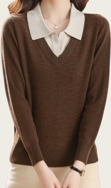 리치블랑 여성 루즈핏 투인원 카라넥 배색 긴팔 니트