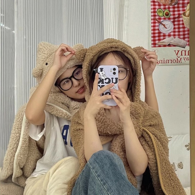 2500배송 곰돌이 후드 담요 곰 캐릭터 모자담요 무릎담요 겨울 방한용품