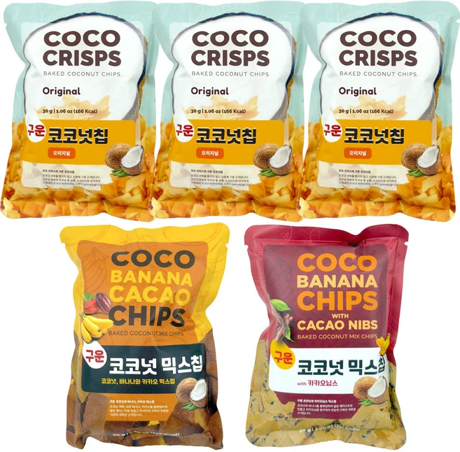 코코크리스피 필리핀 다바오 코코넛칩 (오리지날 3 +믹스칩 1 +믹스칩with카카오닙스 1 ) 구운 글루텐프리 과자 간식 스낵, 5개, 30g - 쿠팡