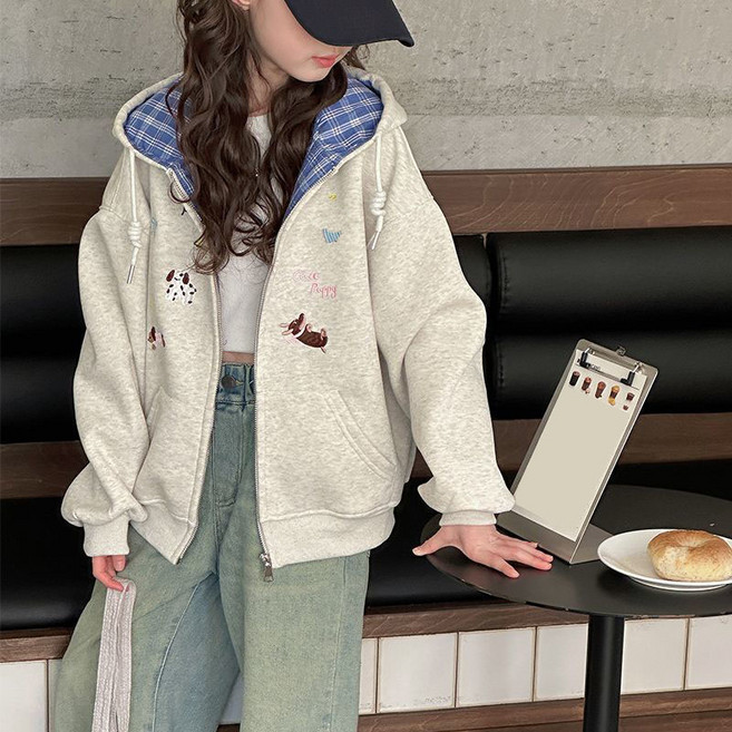 여아 주니어 캐주얼 후드 집업 점퍼 부드러운 초등생 데일리 봄 가을 외투