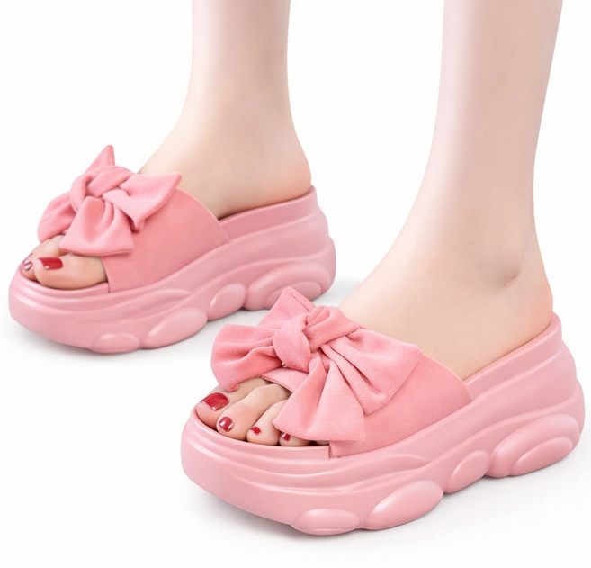 차쿠 통굽 슬리퍼 키높이 리본 굽있는 플랫폼 여자 여름 발편한 푹신한 쿠션 (8cm) B004