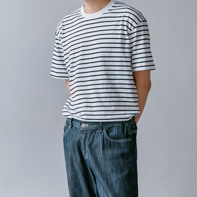 더베이직샵 부드러운 순면 스트라이프 단가라 오버핏 반팔티 3컬러 여름 휴가 시원한 티셔츠