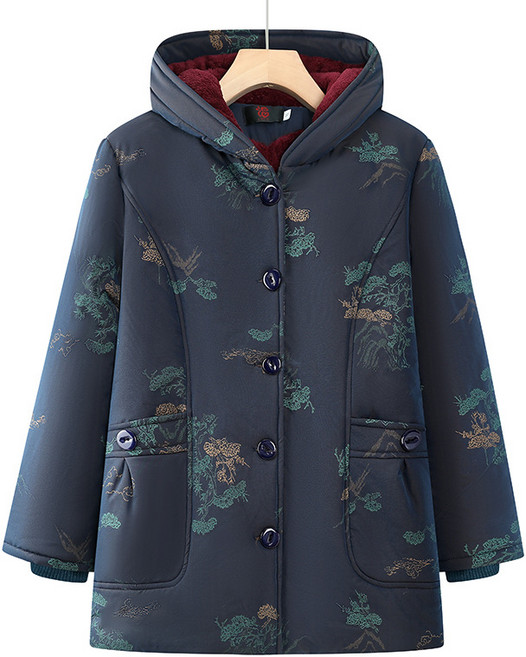 WPUY 중년 여성 후드넥 단추 기모 자켓 코트 노년층 꽃무늬 따뜻한 편안 보온 미디 롱패딩 자켓 점퍼 아우터 엄마옷 할머니옷