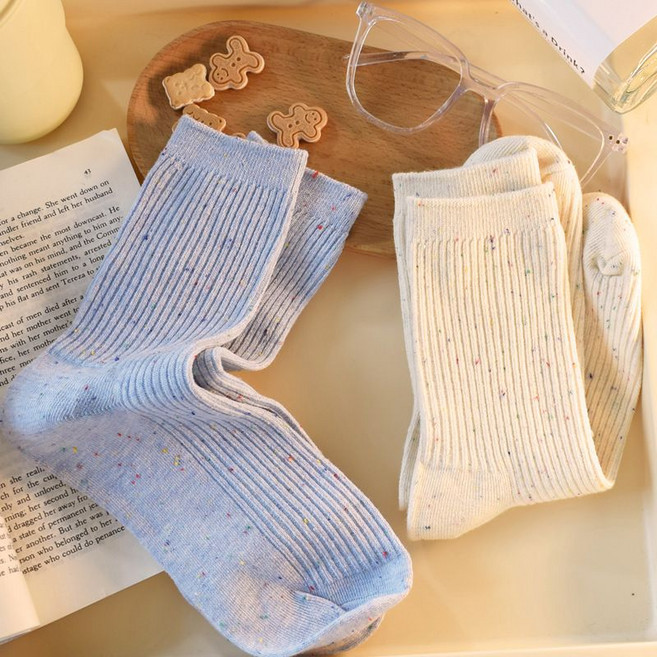 1+1 여성 순면 중목 양말 여성용 귀여운 중간 길이 양말 도트 직물 스트라이프 간편 매칭 LT