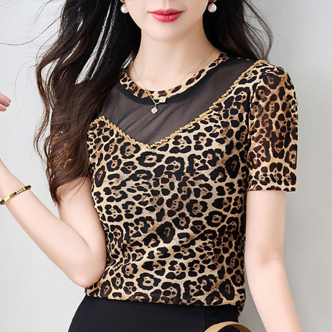 ROYALBELLE 여성 레오파드 시스루 라운드넥 빅사이즈 캐주얼 반팔 티셔츠 V01022807