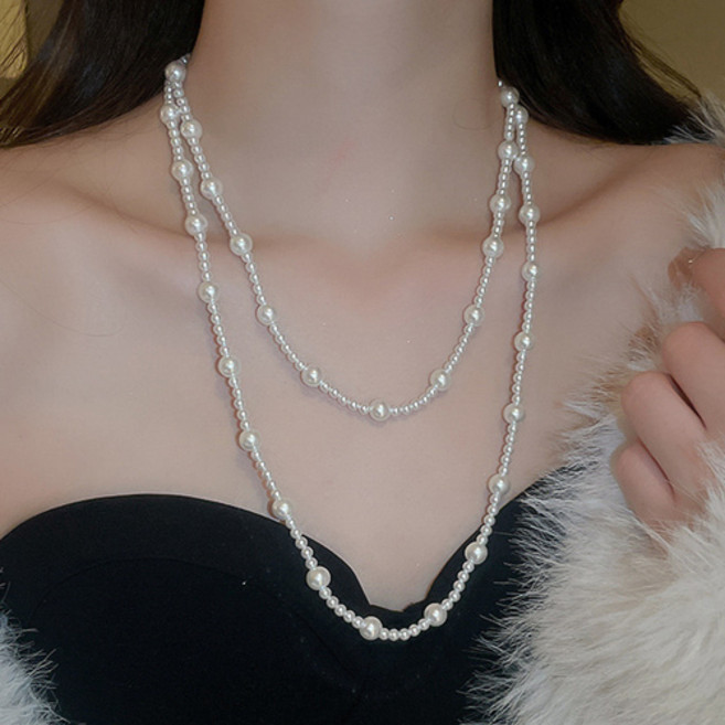 티큐 공연 행사 무대 축제 클래식 진주 레이어드 롱 진주 목걸이 A1881